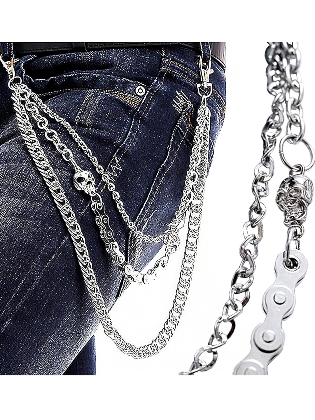Silver Layered Skull Chain Wallet Accessory
